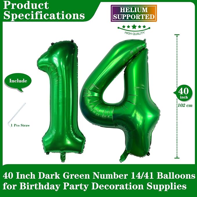 Dark Green 14 Number Balloons, 40 Inch Giant Number 14 Balloons Foil Mylar - Image 2