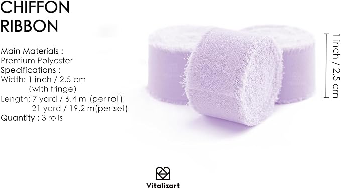 Vitalizart Lavender Chiffon Silk Ribbon 1" x 21 Yd Handmade Frayed Fringe | - Image 2