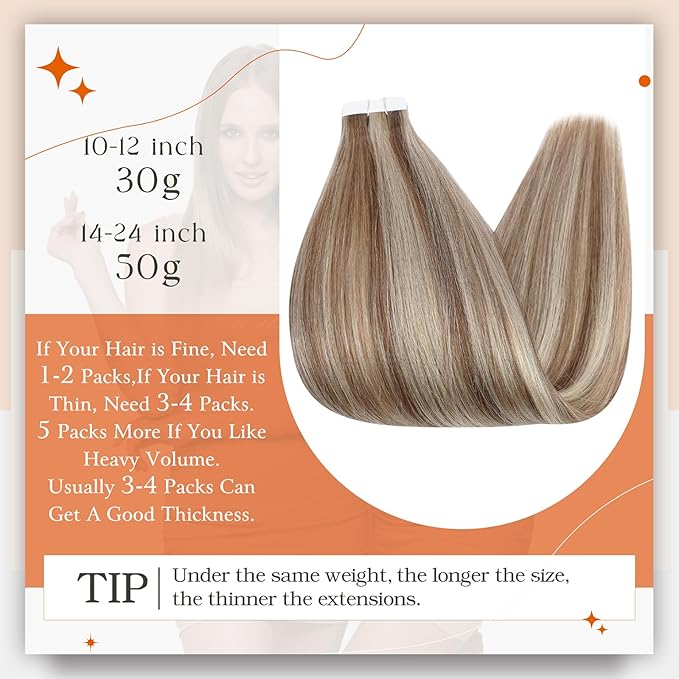 Full Shine Tape in Human Hair Extensions 22Inch Pu Tape in Hair Extensions Color Golden Brown Highlighted Bleach Blonde Seamless Tape ins Skin Weft Hair Extension Tape ins 50G 20Pcs Double Sided Tapes
