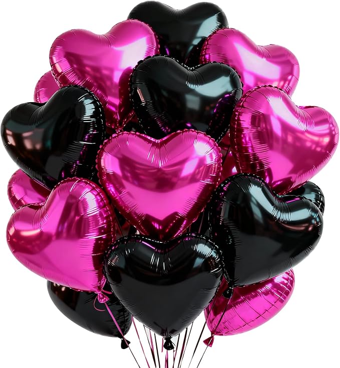 TONIFUL 30Pcs Black Hot Pink Heart Balloons 18Inch Heart Shape Foil Balloon | by TONIFUL