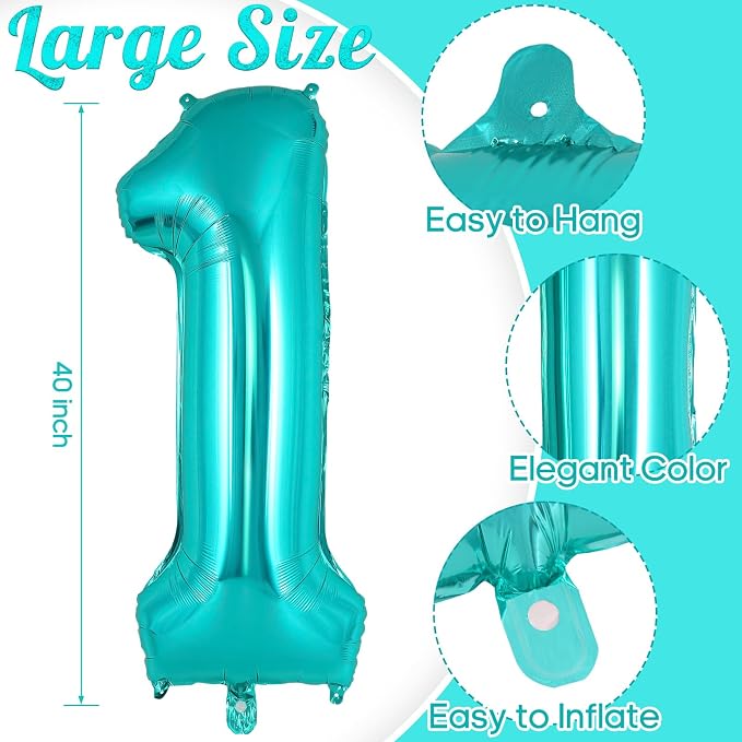 Teal Blue Number 1 Balloon, 40 Inch Big Large Foil Helium Number Balloons - Image 3