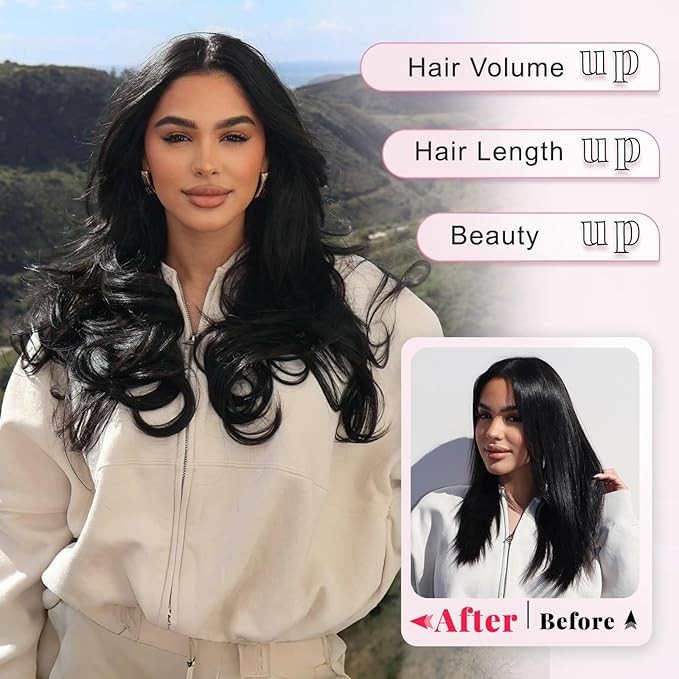 ALXNAN Long Wavy Layered Hair Extensions for Women, Clip in Hair Extensions Clip Ins Soft Full Head Synthetic Hairpieces 16 Inch Black