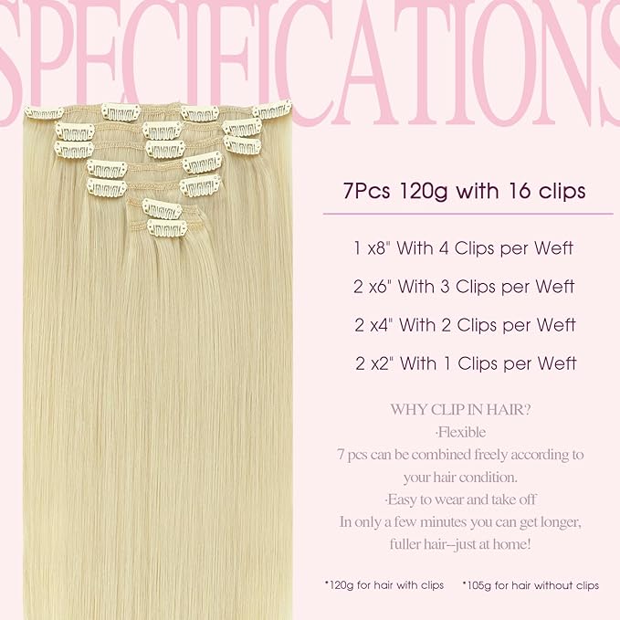 PINKPEARL Clip in Hair Extensions #60 Platinum Blonde Clip in Hair Extensions Real Human Hair 7pcs 120g 18inch Blonde Hair Extensios Clip ins for Women Straight Natural Human Hair Clip ins (#60-18)