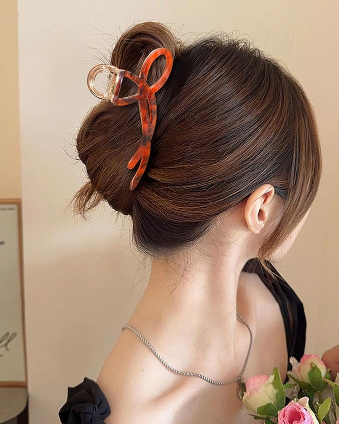 ACECHA 2 Pack Gold Metal Bow Hair Claw Clips for Women, 4.5" Colorful Non-slip Hairclips for Thick Thin Hair Claws Strong Hold Styling (B-Black & Brown)