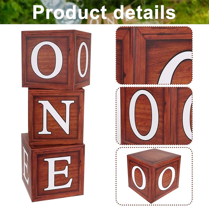 One Boxes for 1st Birthday, Wood Grain One Balloon Boxes, Individual Square - Image 5