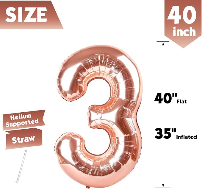 40 In Rose Gold Number 3 Balloon, 3rd Birthday Party Decorations - Image 5