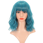 FAELBATY Blue Wig Short Bob Wigs With Bangs Shoulder Length Wig For Women Curly Wavy Synthetic Cosplay Wig for Girl Costume Wigs (12" blue color)