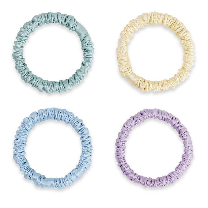 22 Momme 100% Mulberry Silk Hair Ties, Well-Hold Elastic for No-Damage (4Pack, Banana, Sky Blue, Lavender, Light Green), 6A, Scrunchies, Reduces Frizz & Breakage, OEKO-TEX Certified