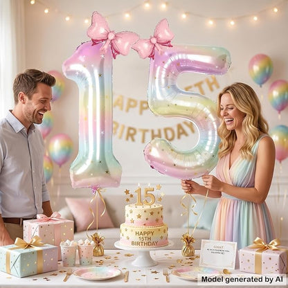 40" Giant Pastel Rainbow Number 15 Balloon Foil Pink Bow Decor Kit | - Image 3
