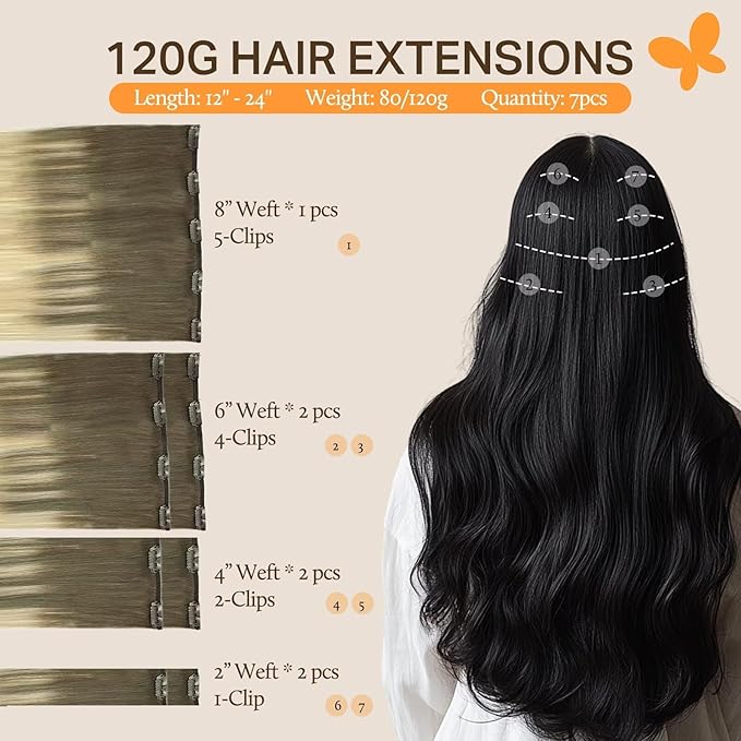 DOORES Human Hair Extensions Clip in, Ombre Ash Brown to Platinum Blonde 120g 7pcs 22 Inch, Clip in Hair Extensions Straight Natural Wedt