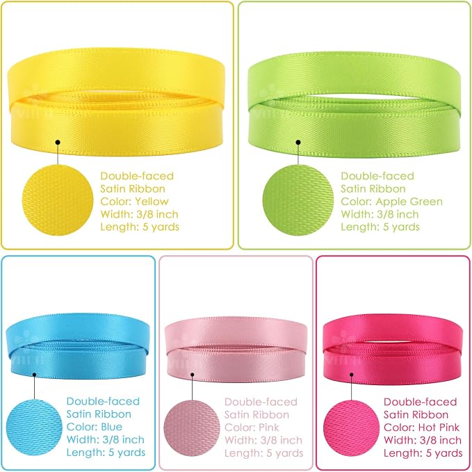 3/8 Inch Satin Ribbon Set – 10 Rolls Rainbow Double Face Ribbon - Image 3