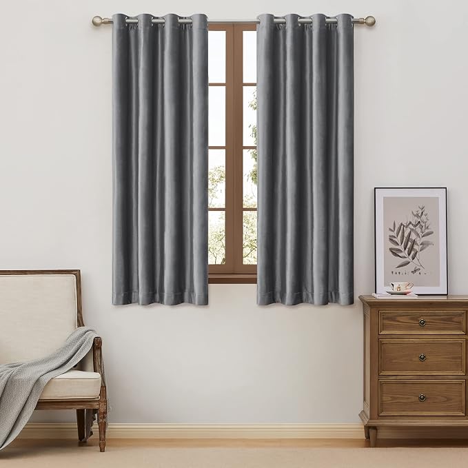 BULBUL Velvet Grey Grommet Blackout Curtains 63 inch by ModernShinyVelvetCurtains