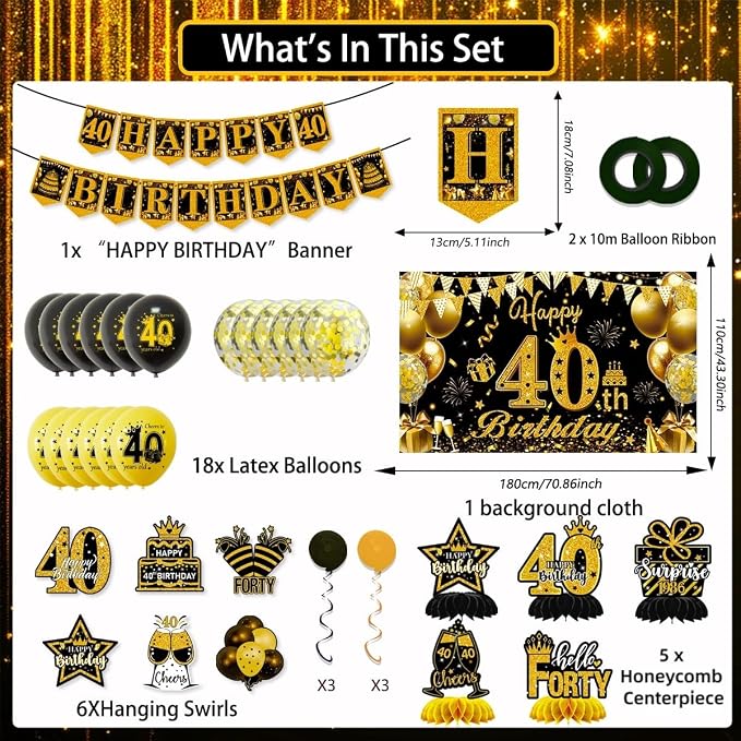 Mxdfafa 39Pcs Black Gold Glitter 40th Birthday Decorations Kit, 40th Bday Party - Image 2