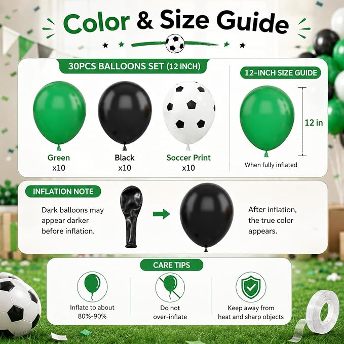 Football Balloons, 12 Inch Green Black White Latex Soccer Printed Balloons - Image 5