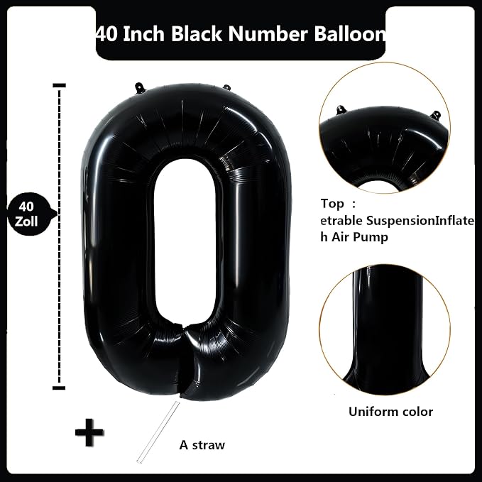 40 inch Black 0 Number Balloon Giant Foil Helium Balloons Black Large Digital - Image 2