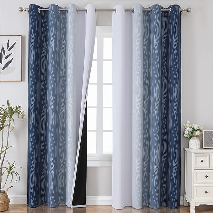 Navy Blue and Greyish White Blackout Curtains 108 Inches Long, Thermal by ESTELARTEXTILER