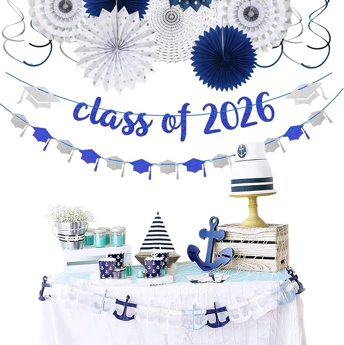 Navy-Blue Silver Party-Decorations Graduation Banner-Streamers - Image 6