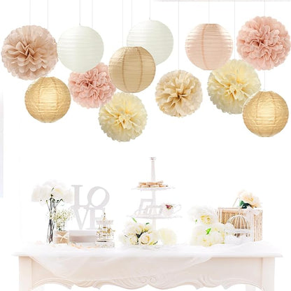 Champagne-Gold White Party-Decorations Paper-Flowers Lanterns - Image 2