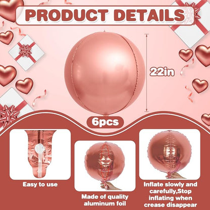 6Pcs Rose Gold Round Foil Balloons, Giant 4D Round Ball Balloons, 22 Inch - Image 2