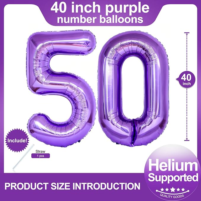 Number 50 Purple Balloons 40 Inch Giant Purple Foil 50 Helium Balloons - Image 2