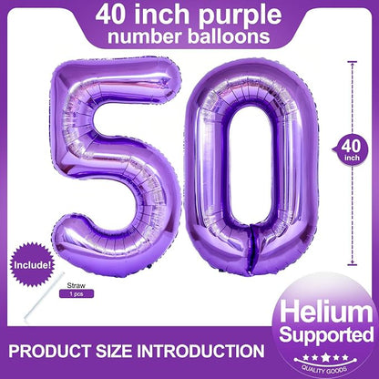 Number 50 Purple Balloons 40 Inch Giant Purple Foil 50 Helium Balloons - Image 2