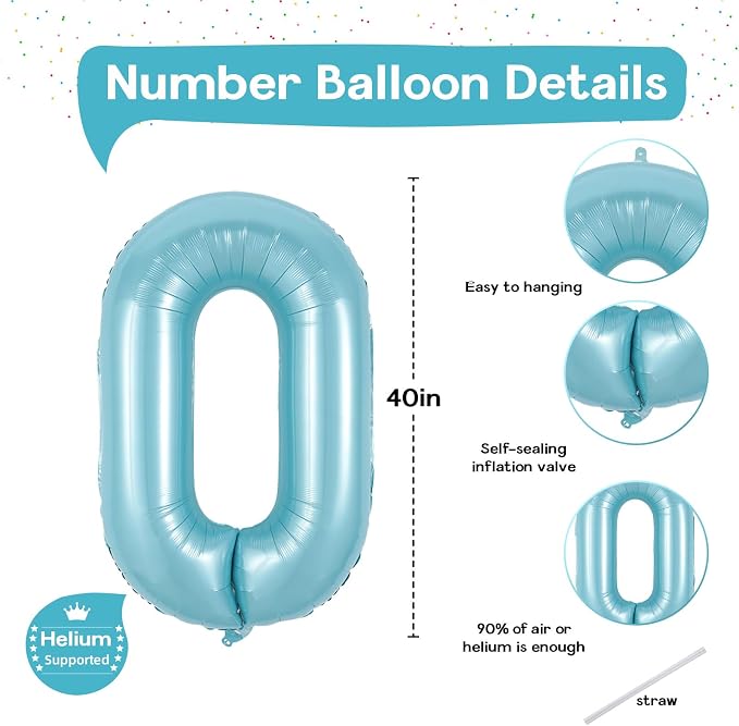 40 Inch Pastel Blue Number 0 Balloons, Giant Self Inflating Foil Number Balloon - Image 2