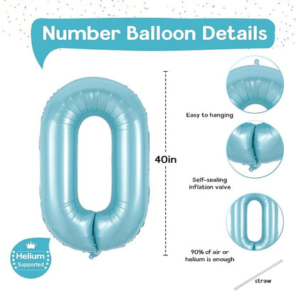 40 Inch Pastel Blue Number 0 Balloons, Giant Self Inflating Foil Number Balloon - Image 2