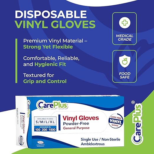 CARE PLUS Latex-Free Vinyl Gloves Clear Large Size 100 Count | Heavy Duty, Non-Sterile, Powder-Free, Rubber | Food Prep, Kitchen & Cleaning Gloves, Ideal for Professional Use