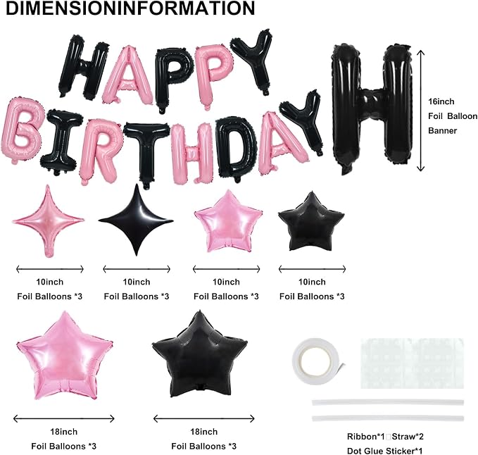 TONIFUL 35PCS Black Pink Happy Birthday Decorations Kit 16 Inch Happy Birthday - Image 2