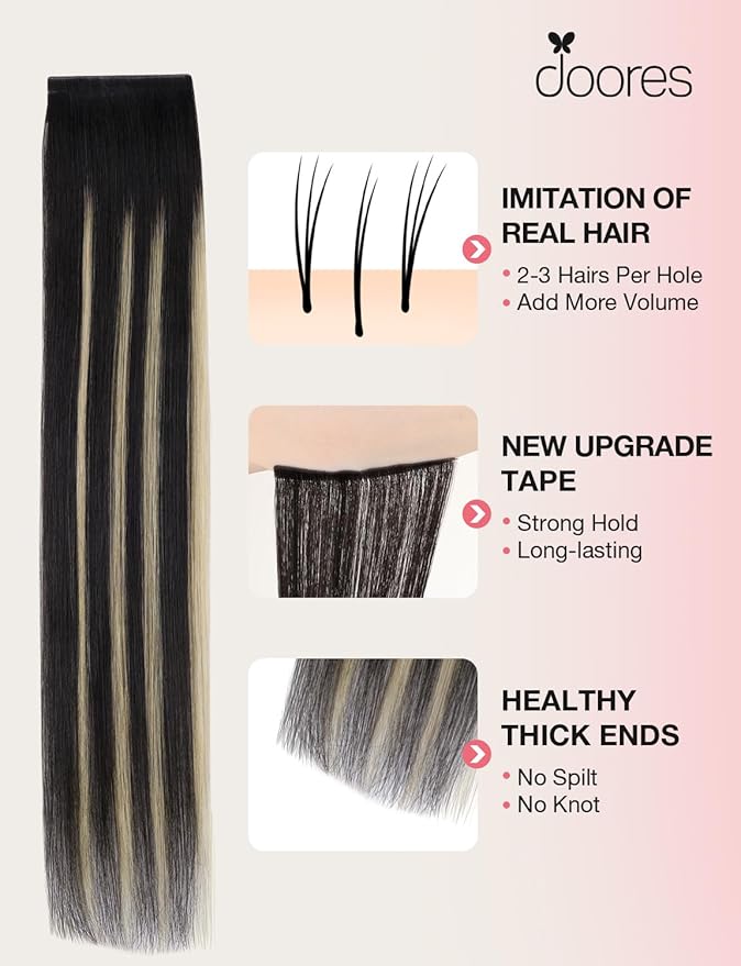 DOORES Invisi Edge Tape in Wide Hair Extensions Human Hair, Natural Black to Light Blonde 4PCS Injection Tape ins 20g 14 Inch, Virgin Human 3 Inch Wide Injected Extensions Invisible