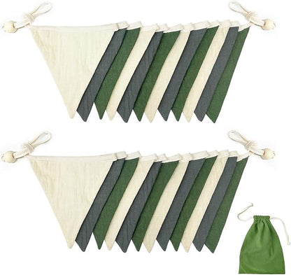 2 Sets of Green Grey Beige Nursery Garland 24Pcs Woodland Fabric Linen Pennant - Image 3