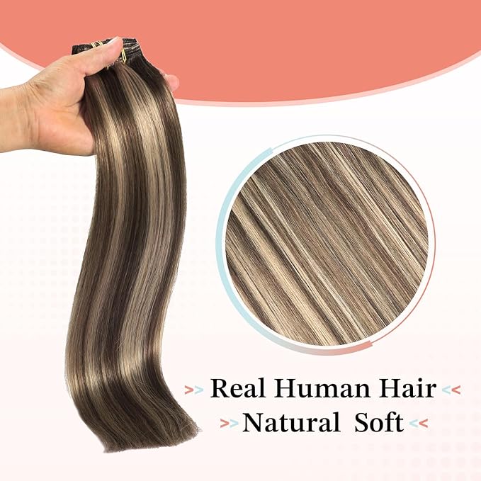 XDhair Hair Extensions Clip in Human Hair,7pcs Chocolate Brown to Caramel Blond Clip in Hair Extensions for Women 16 Inch 140g #4p27