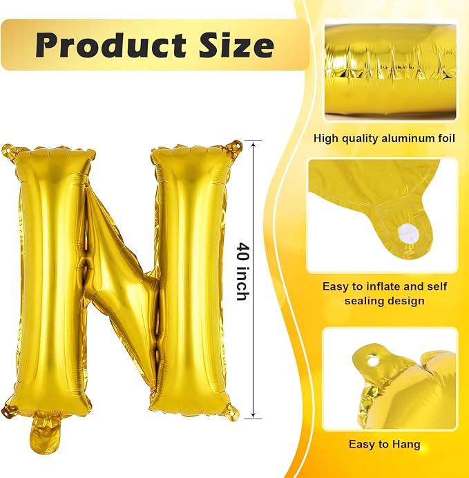 Gold Letter N Balloons, 40 Inch Large Foil Letter Balloons, Custom Phrase - Image 2