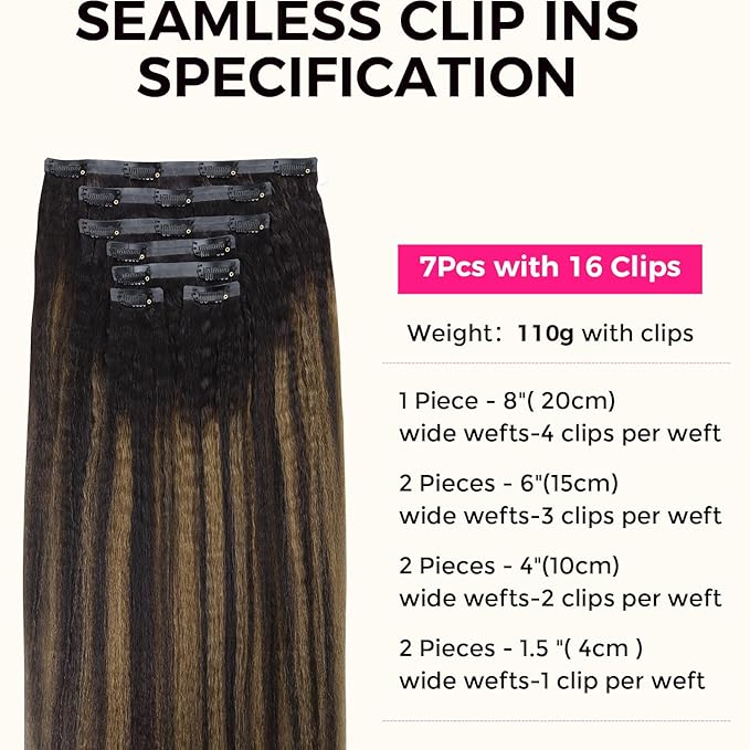Lashey Seamless Clip in Hair Extensions Human Hair Kinky Straight 110g 7pcs 16 Inch Natural Black Mixed Chestnut Brown Clip in Hair Extensions with Soft PU Weft
