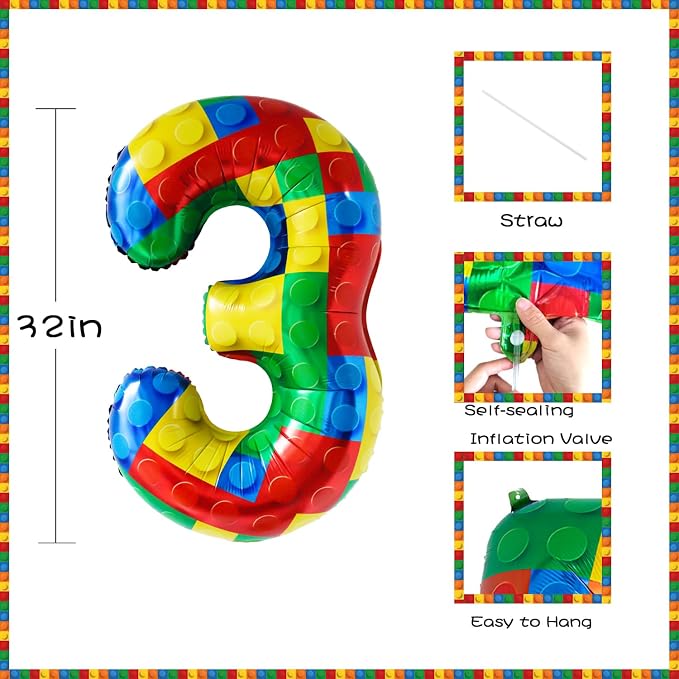 32 Inch Stackable Block Number 3 Balloon – Colorful Brick Building Themed Big - Image 2