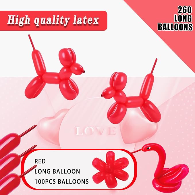 260 Long Balloons 100 Pack Red Twisting Animal Balloons Thickening Latex - Image 2