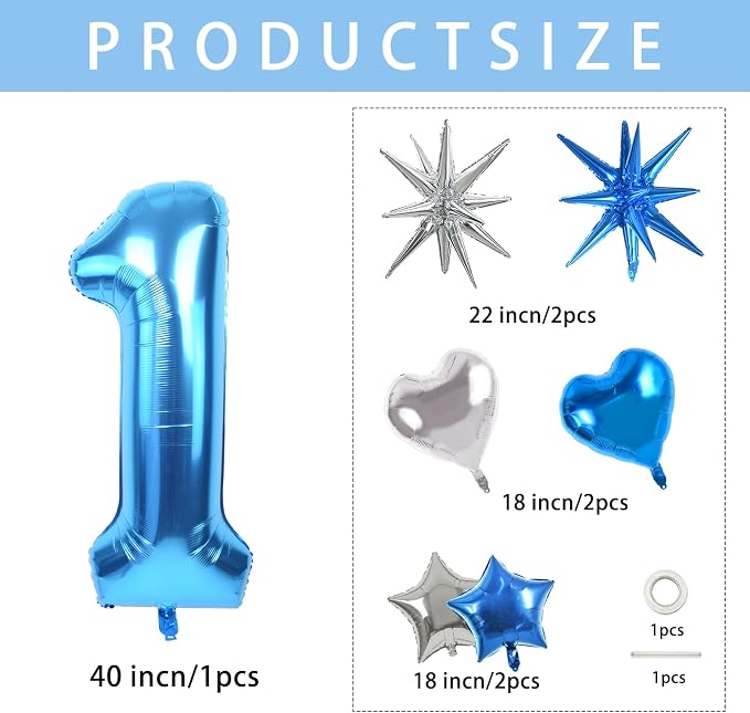 TONIFUL 1st Birthday Balloons Kit 40 Inch Blue Large Number 1 Foil Balloon | - Image 2