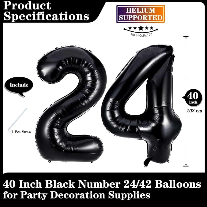 Black 24 Number Balloons, 40 Inch Giant Number 24 Balloons Foil Mylar Helium - Image 2