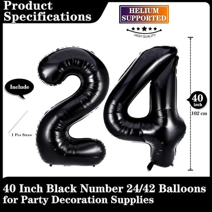 Black 24 Number Balloons, 40 Inch Giant Number 24 Balloons Foil Mylar Helium - Image 2