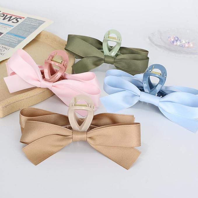 FAELBATY Women's Bow Hair Accessories - Silky Satin Clips with Knots for Thin to Thick Curly Hair, 4 Pcs