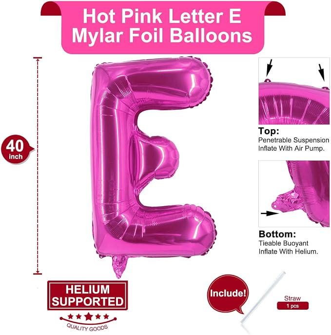 Lovoir 40 Inch Large Hot Pink Letter E Balloons Big Size Jumbo Mylar Foil - Image 2