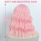 NOBLE Pink Wig Bob Wig with Bangs Short Loose Wavy Wigs for Women Shoulder Length Heat Resistant Synthetic Hair Bob Wavy Colored Wigs for Halloween Cosplay 12 Inches