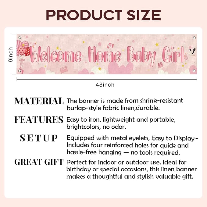 Welcome Home Baby Girl Banner, Cute Newborn Arrival Hanging Sign - Image 2