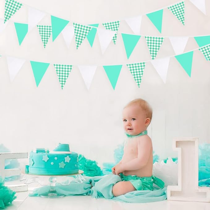 32Ft Aqua Green Plaid Checkered Party Banners Gingham Triangle Pennant Flag - Image 4