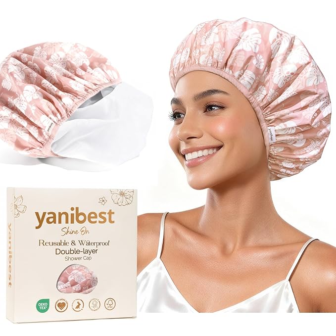 Yanibest Shower Cap Reusable Waterproof - Double Layer Shower Caps for Women, Washable Shower Bonnet with Soft Non-Slip Elastic Band, Bath Hair Hat for Most Hair Types