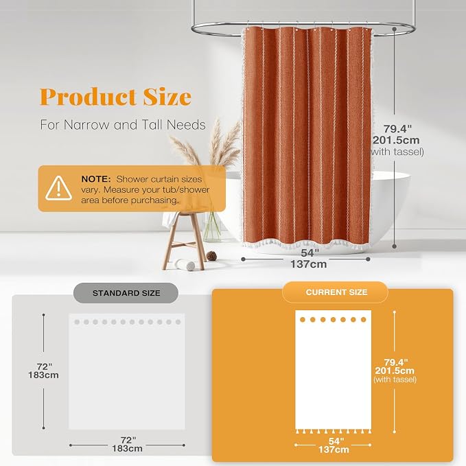 54x78 Boho Farmhouse Linen Heavy Duty Shower Curtain Set, Burnt Orange | Narrow - Image 3