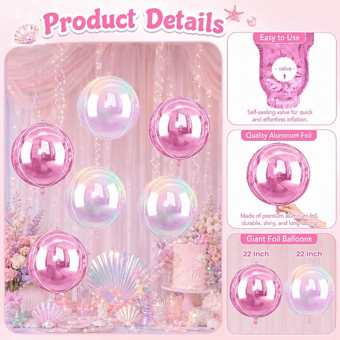 Pink and Iridescent Round Balloons Foil, 22Inch Round Shaped Ball Balloon - Image 3