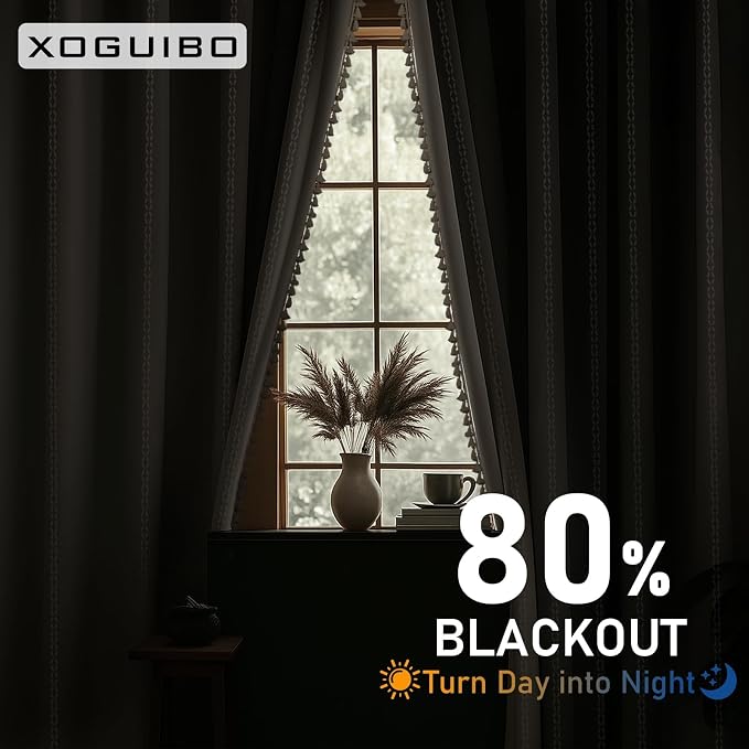 80% Boho Blackout Curtains 90 Inch Linen Blend Drapes 2 Panels | Vintage - Image 3