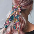 Colorful Tropical Floral Elastic Hair Band with Ribbon Womens Scarf Scrunchies Long Hair Ties Casual Knotted Bow No Damage Pack Of 2