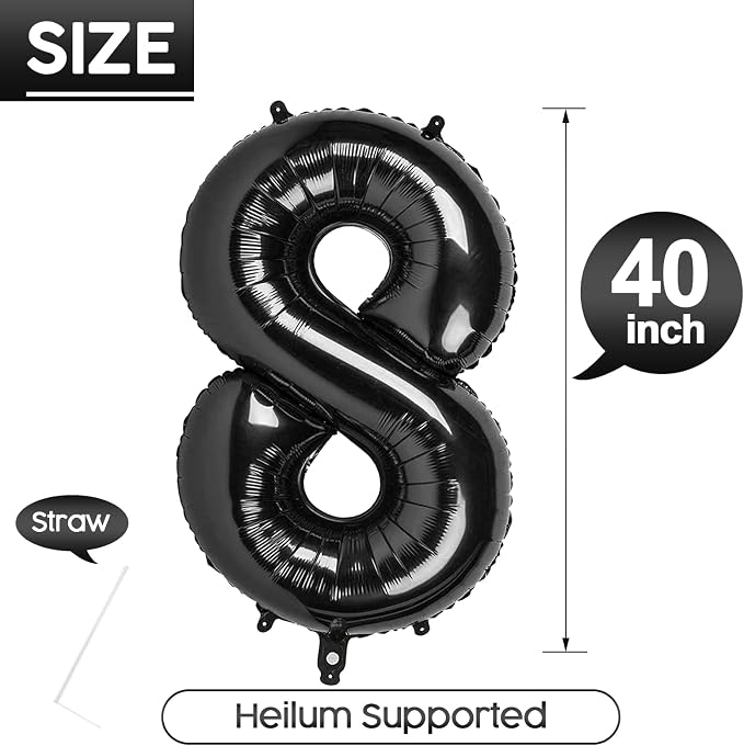 8 Balloon - Black Birthday Number Balloons, 40 Inch Decorations Men Women | - Image 5
